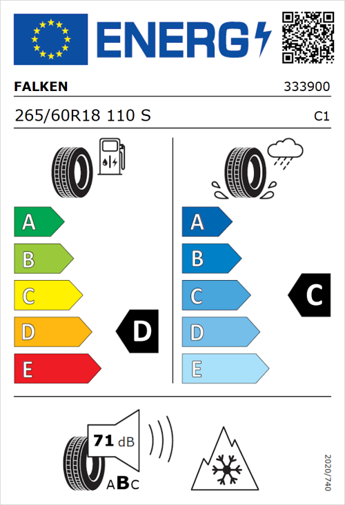 Tyre Label for Falken Wildpeak A/T AT3WA 265/60R18 110S