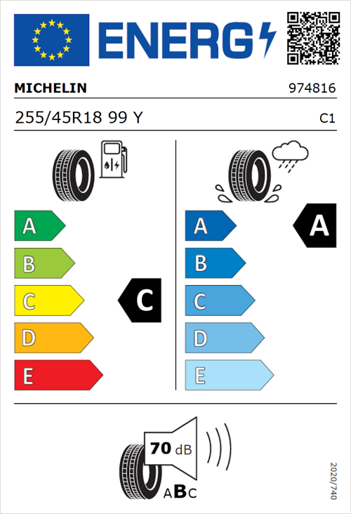 Tyre Label for Michelin Primacy 4+ 255/45R18 99Y