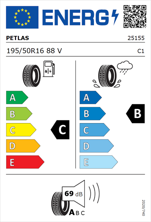 Tyre Label for Petlas Progreen PT525 195/50R16 88V