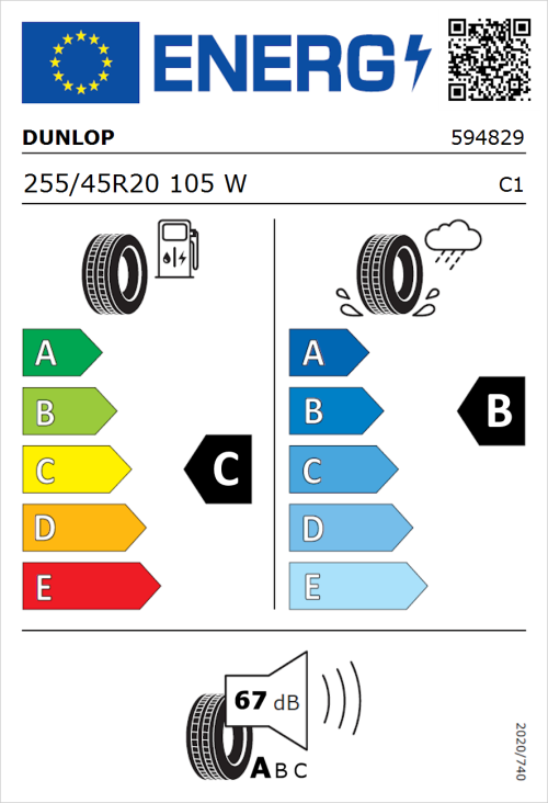 Tyre Label for Dunlop SP Sport Maxx 255/45R20 105W