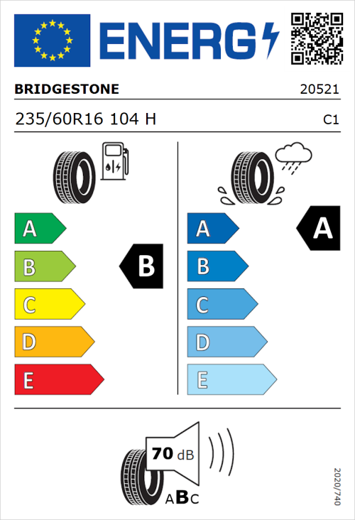 Tyre Label for Bridgestone Turanza 6 235/60R16 104H