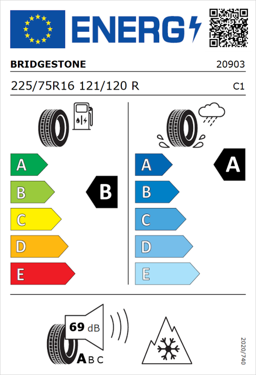 Tyre Label for Bridgestone Duravis Van 225/75R16 121/120R