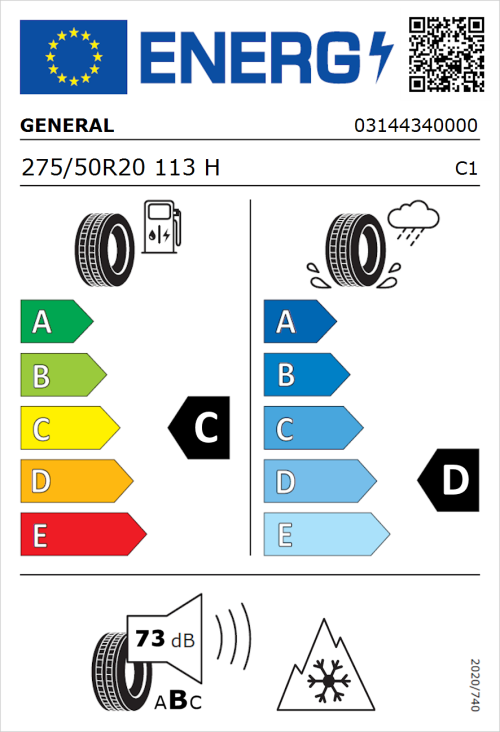 Tyre Label for General Grabber AT 3 275/50R20 113H