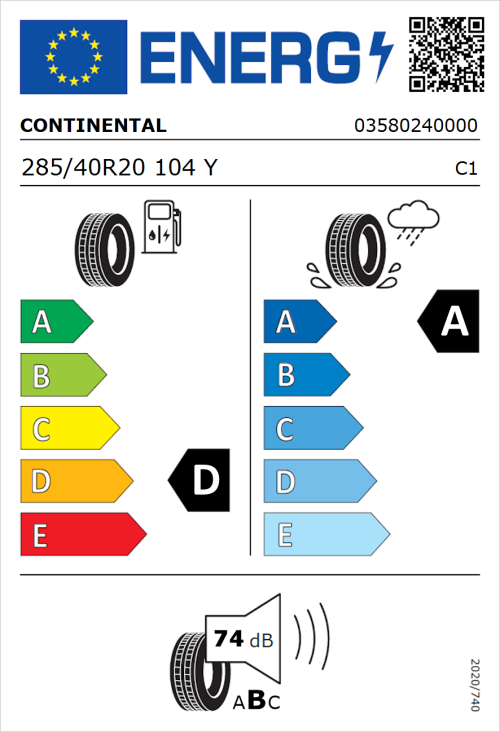 Tyre Label for Continental SportContact 6 285/40R20 104Y