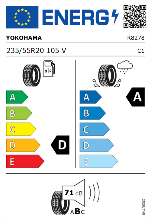 Tyre Label for Yokohama Advan Sport V107 235/55R20 105V