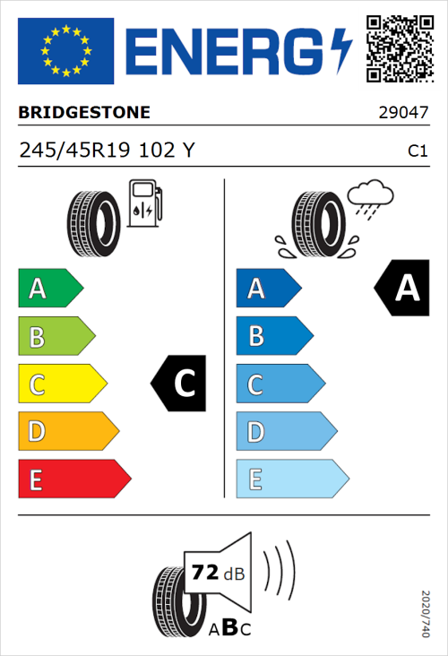 Tyre Label for Bridgestone Potenza Sport Evo 245/45R19 102Y