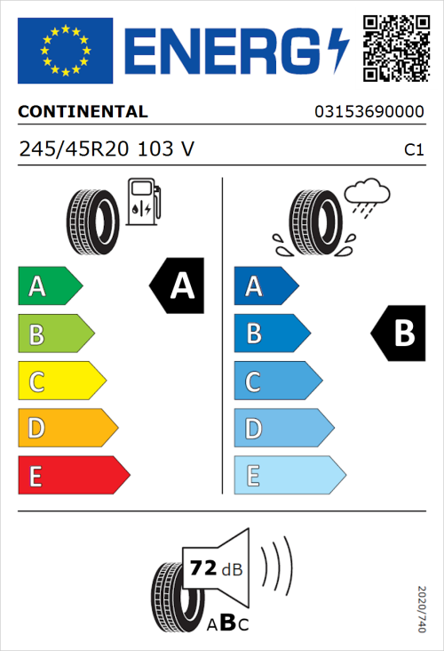 Tyre Label for Continental PremiumContact 6 245/45R20 103V