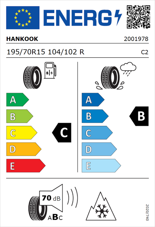 Tyre Label for Hankook Vantra LT RA18 195/70R15 104/102R