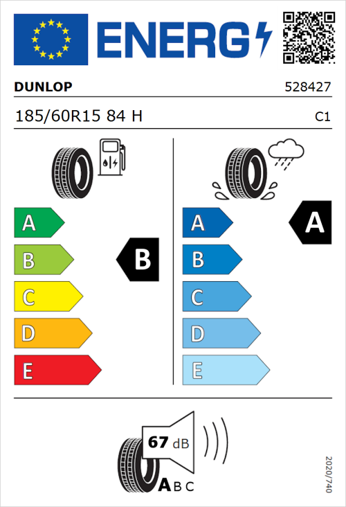 Tyre Label for Dunlop Sport BluResponse 185/60R15 84H
