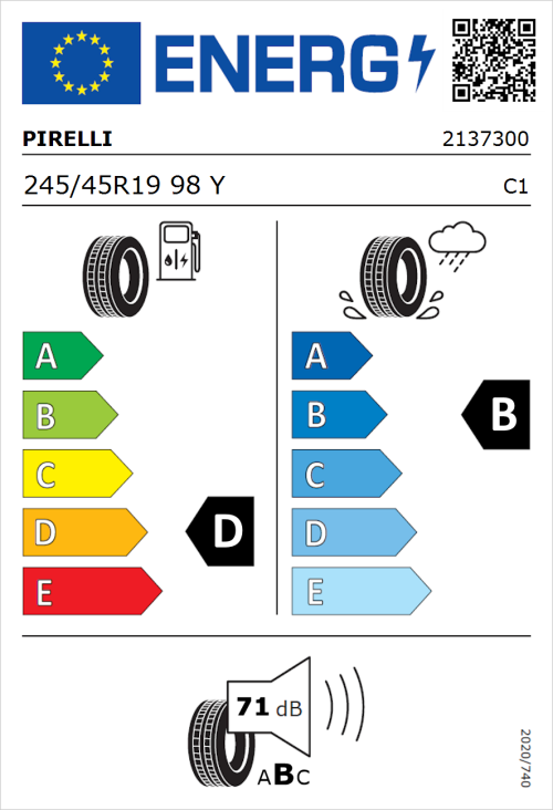 Tyre Label for Pirelli P ZERO Run Flat 245/45R19 98Y