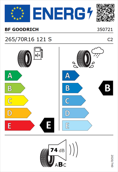 Tyre Label for BF Goodrich All Terrain T/A KO2 RWL 265/70R16 121S