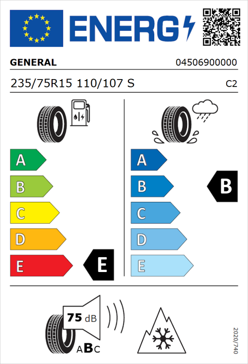 Tyre Label for General Grabber AT 3 235/75R15 110/107S